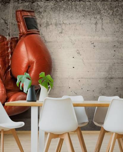 carta da parati murale rossa e grigia chiamata Boxing Gloves per camere da letto e palestre per adolescenti