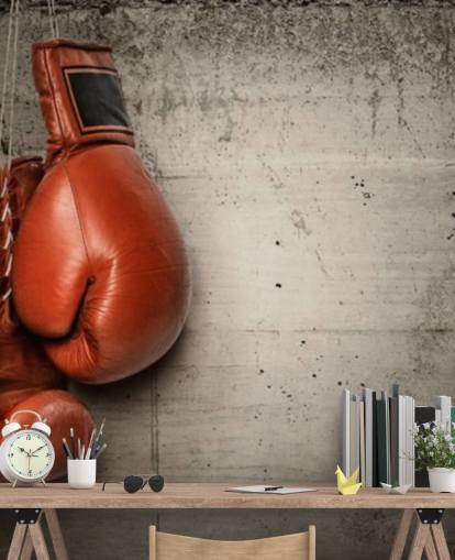 mural de papel pintado de boxeo rojo y gris llamado Boxing Gloves para dormitorios de adolescentes y gimnasios