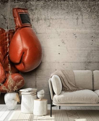 mural de papel pintado de boxeo rojo y gris llamado Boxing Gloves para dormitorios de adolescentes y gimnasios