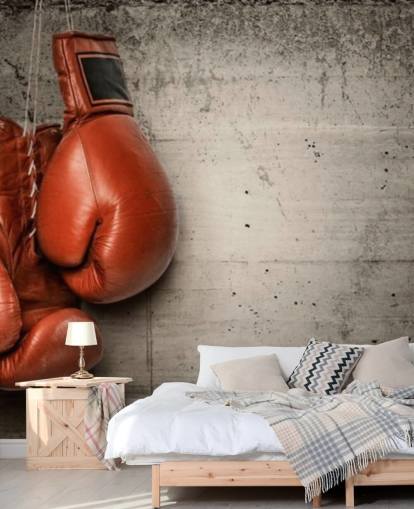 mural de papel pintado de boxeo rojo y gris llamado Boxing Gloves para dormitorios de adolescentes y gimnasios