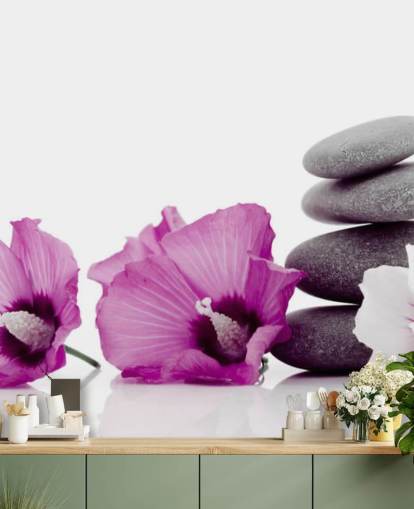 Papel pintado Flores y guijarros morados