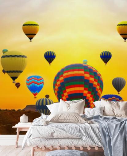 sunset skyline covered in colourful balloons wallpaper