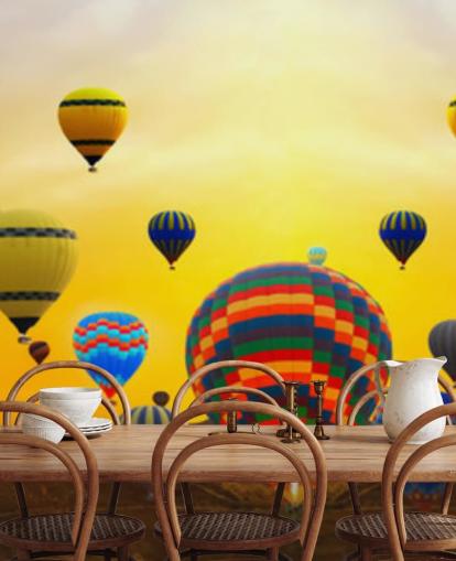 sunset skyline covered in colourful balloons wallpaper