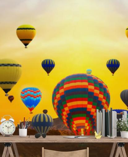 sunset skyline covered in colourful balloons wallpaper
