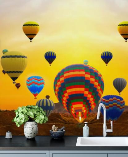 solnedgång silhuett täckt av färgglada ballonger tapeter solnedgång silhuett täckt av färgglada ballonger tapeter