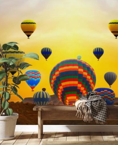 sunset skyline covered in colourful balloons wallpaper