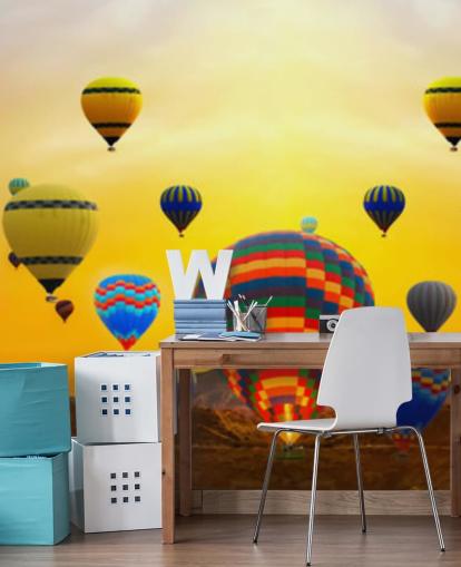 sunset skyline covered in colourful balloons wallpaper