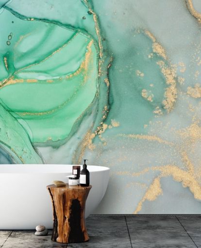 blauw en groen aanpasbaar marmerbehang genaamd Clear Ocean Watercolour voor badkamers, keukens en woonkamers