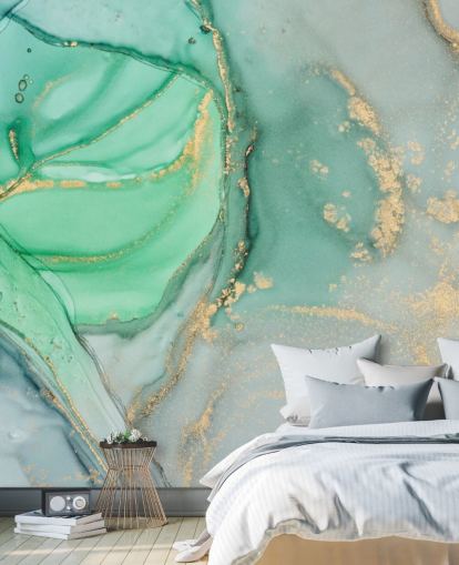 papel de parede de mármore personalizável azul e verde chamado Clear Ocean Watercolour para banheiros, cozinhas e salas de estar