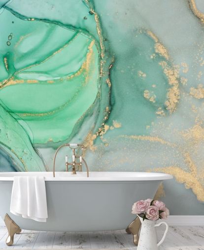 papel de parede de mármore personalizável azul e verde chamado Clear Ocean Watercolour para banheiros, cozinhas e salas de estar