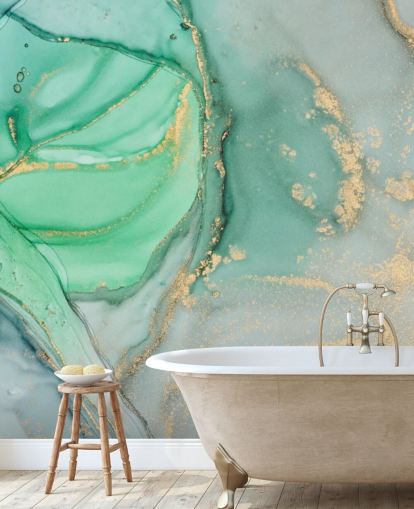 blue and green customizable marble wallpaper called Clear Ocean Watercolor for bathrooms, kitchens and living rooms