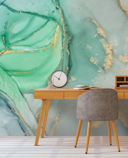 blue and green customisable marble wallpaper called Clear Ocean Watercolour for bathrooms, kitchens and living rooms