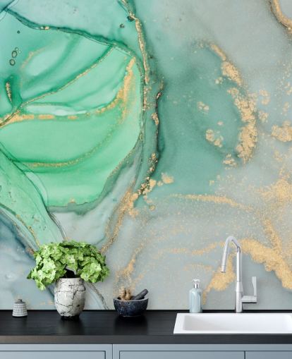 blå og grønn tilpassbar marmor tapet kalt Clear Ocean Watercolor for bad, kjøkken og stuer