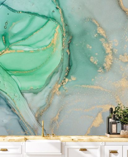 blaue und grüne, individuell gestaltbare Marmortapete namens Clear Ocean Watercolour für Badezimmer, Küchen und Wohnzimmer