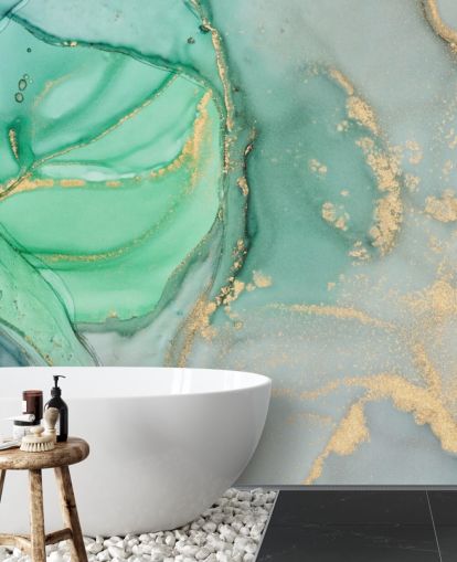 blue and green customizable marble wallpaper called Clear Ocean Watercolor for bathrooms, kitchens and living rooms