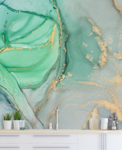 papel pintado de mármol personalizable azul y verde llamado Clear Ocean Watercolour para baños, cocinas y salas de estar