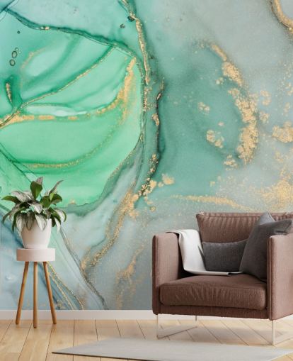 blå och grön anpassningsbar marmor tapet kallad Clear Ocean Watercolour för badrum, kök och vardagsrum