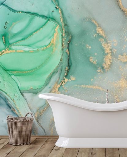 papel de parede de mármore personalizável azul e verde chamado Clear Ocean Watercolour para banheiros, cozinhas e salas de estar