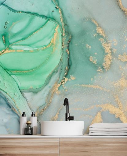 blue and green customizable marble wallpaper called Clear Ocean Watercolor for bathrooms, kitchens and living rooms