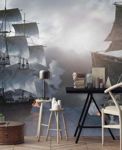 pirate ships battling in sea wallpaper