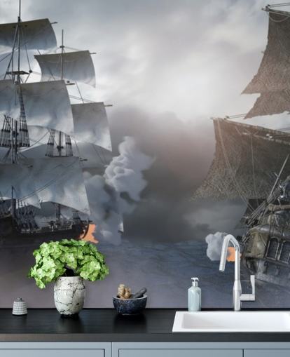 pirate ships battling in sea wallpaper