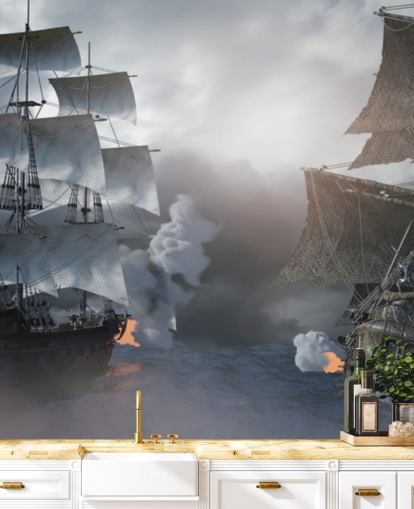 pirate ships battling in sea wallpaper