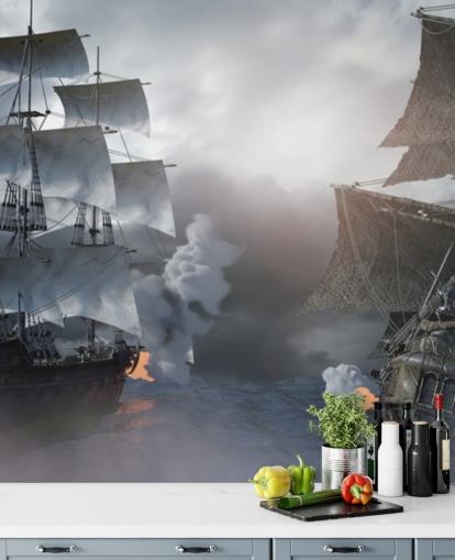 barcos piratas que luchan en el mar fondo de pantalla