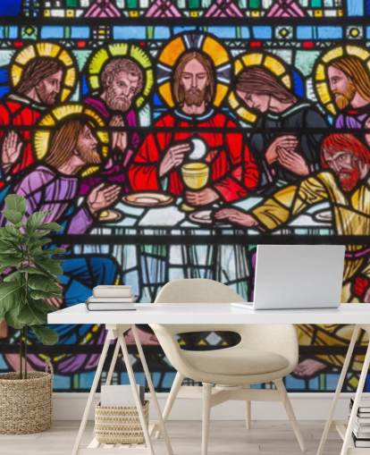 Papel pintado de vidrieras con diseño de Jesús y los discípulos en la última cena Papel pintado de vidrieras con diseño de Jesús y los discípulos en la última cena
