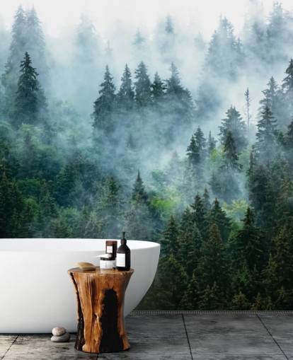 groene aanpasbare bosbehangmuurschildering genaamd Misty Mountain Landscape voor kantoren
