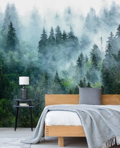 vihreä muokattava metsätaustakuvamaalaus nimeltään Misty Mountain Landscape toimistoihin