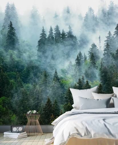 grønt tilpasseligt skovtapet vægmaleri kaldet Misty Mountain Landscape til kontorer