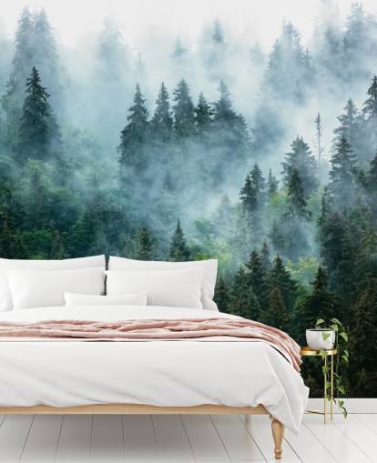 grüne, anpassbare Wald-Wandtapete namens Misty Mountain Landscape für Büros grüne, anpassbare Wald-Wandtapete namens Misty Mountain Landscape für Büros