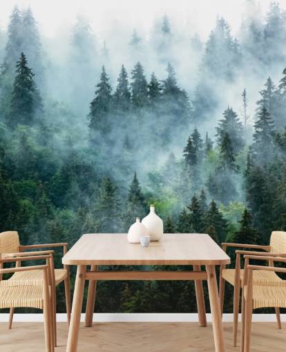 mural verde personalizable de papel pintado de bosque llamado Misty Mountain Landscape para oficinas