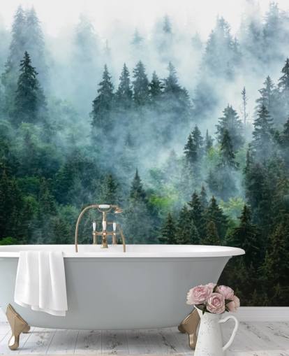 carta da parati murale verde personalizzabile con foresta chiamata Misty Mountain Landscape per uffici