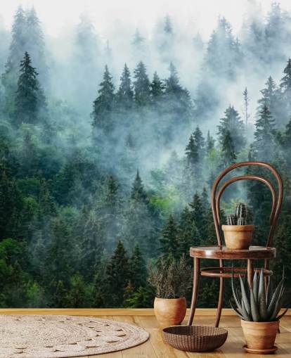 grønt tilpasseligt skovtapet vægmaleri kaldet Misty Mountain Landscape til kontorer