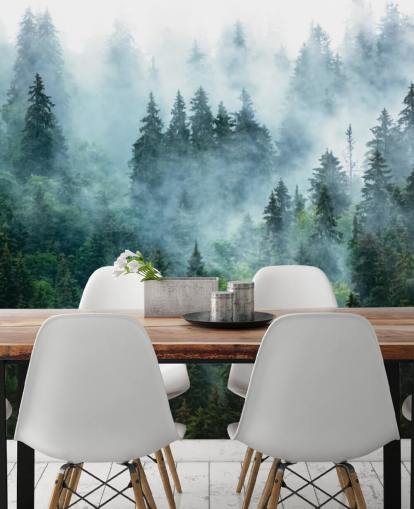 green customisable forest wallpaper mural called Misty Mountain Landscape for offices