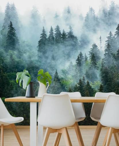 carta da parati murale verde personalizzabile con foresta chiamata Misty Mountain Landscape per uffici