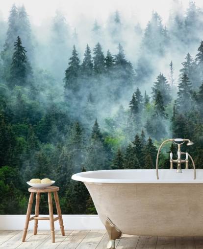 mural verde personalizable de papel pintado de bosque llamado Misty Mountain Landscape para oficinas