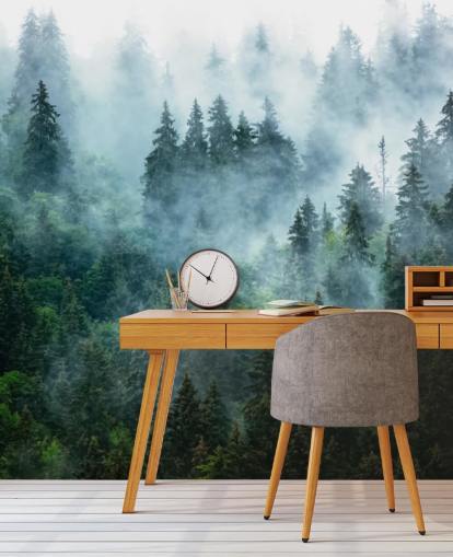 grüne, anpassbare Wald-Wandtapete namens Misty Mountain Landscape für Büros