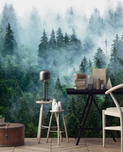papier peint mural vert personnalisable en forme de forêt appelé Misty Mountain Landscape pour les bureaux papier peint mural vert personnalisable en forme de forêt appelé Misty Mountain Landscape pour les bureaux