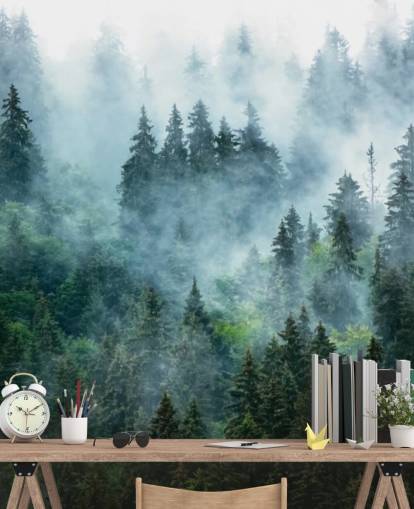 carta da parati murale verde personalizzabile con foresta chiamata Misty Mountain Landscape per uffici carta da parati murale verde personalizzabile con foresta chiamata Misty Mountain Landscape per uffici