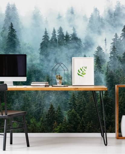 grüne, anpassbare Wald-Wandtapete namens Misty Mountain Landscape für Büros