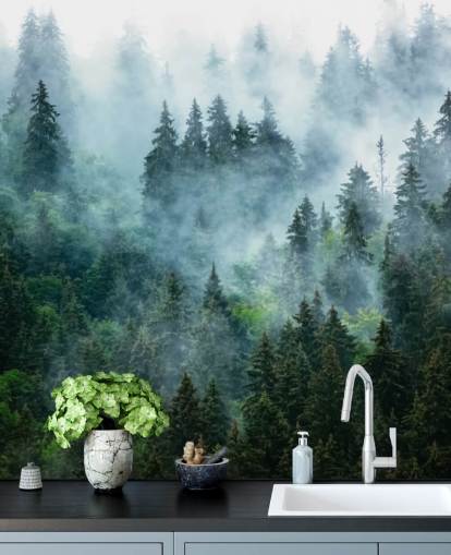 carta da parati murale verde personalizzabile con foresta chiamata Misty Mountain Landscape per uffici carta da parati murale verde personalizzabile con foresta chiamata Misty Mountain Landscape per uffici