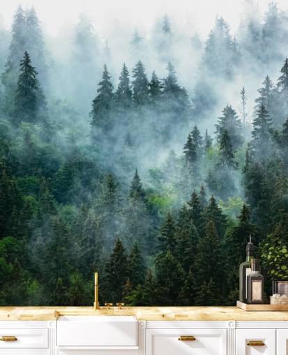 grønt tilpasseligt skovtapet vægmaleri kaldet Misty Mountain Landscape til kontorer