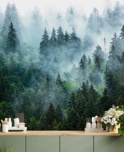 grønt tilpasseligt skovtapet vægmaleri kaldet Misty Mountain Landscape til kontorer