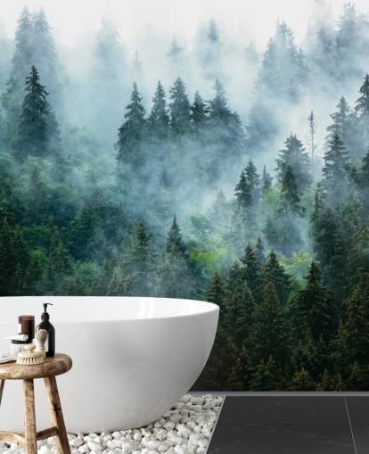 grüne, anpassbare Wald-Wandtapete namens Misty Mountain Landscape für Büros