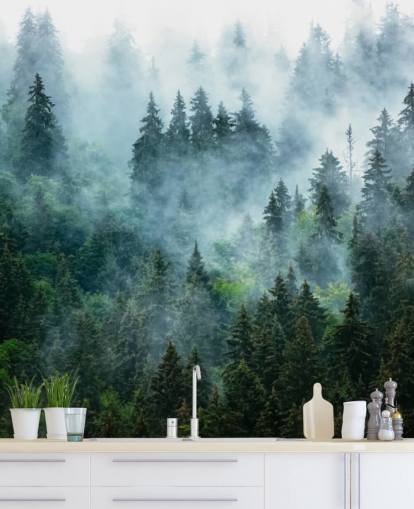carta da parati murale verde personalizzabile con foresta chiamata Misty Mountain Landscape per uffici