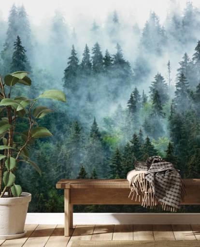 groene aanpasbare bosbehangmuurschildering genaamd Misty Mountain Landscape voor kantoren