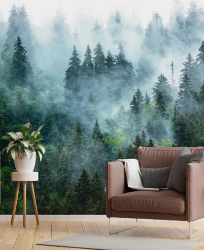 green customisable forest wallpaper mural called Misty Mountain Landscape for offices green customisable forest wallpaper mural called Misty Mountain Landscape for offices