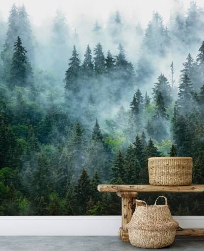 green customisable forest wallpaper mural called Misty Mountain Landscape for offices